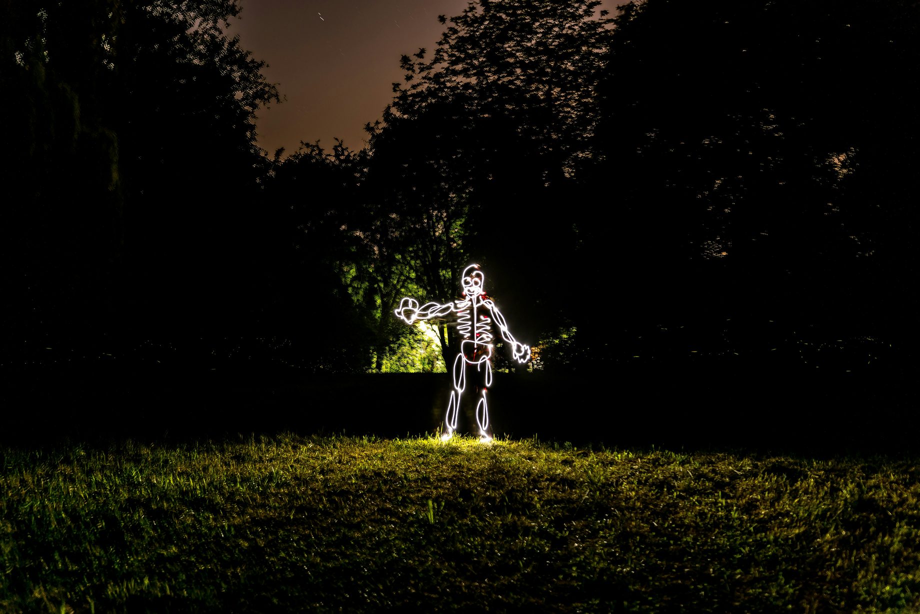 A light painted skeleton figure glowing in a dark garden